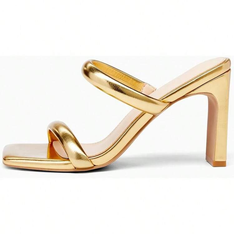 Coutgo Womens Square Open Toe Heeled Sandals Two Strap High Heel Backless Dress Slip On Mules | SHEIN