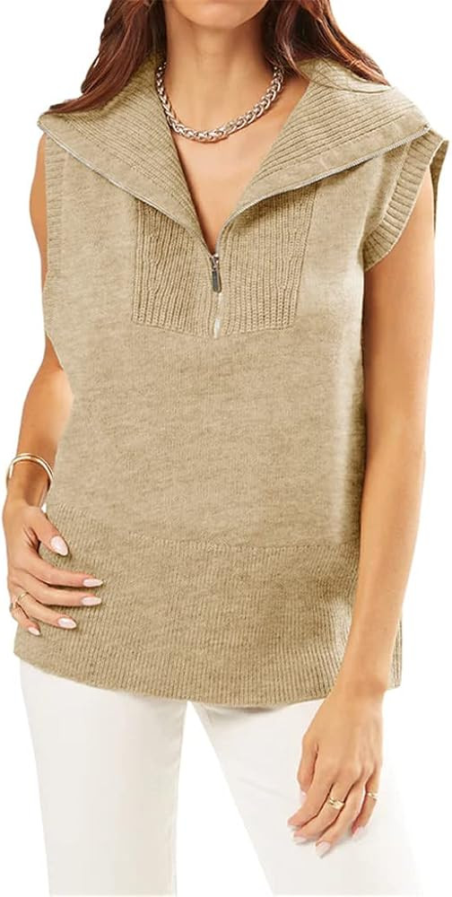 Womens Zipper Lapel Sweater Vest Tank Tops Summer Sleeveless Pullover Casual Lightweight Knit Top | Amazon (US)