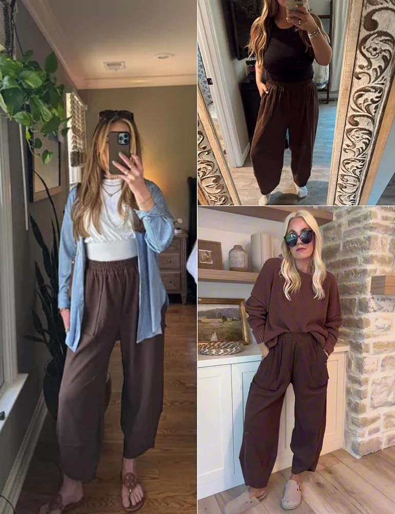 Xiaoxuemeng Womens Baggy Wide Leg Pants Casual Elastic Waisted Palazzo Harem Pants with Pockets | Amazon (US)