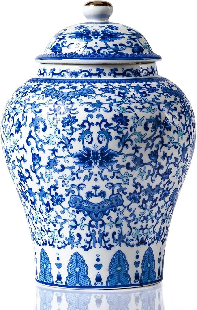 Qinlang Small Ceramic Ginger Jar for Home Decor, Ginger Jar Vase with Lid, Blue and White Lotus P... | Amazon (US)