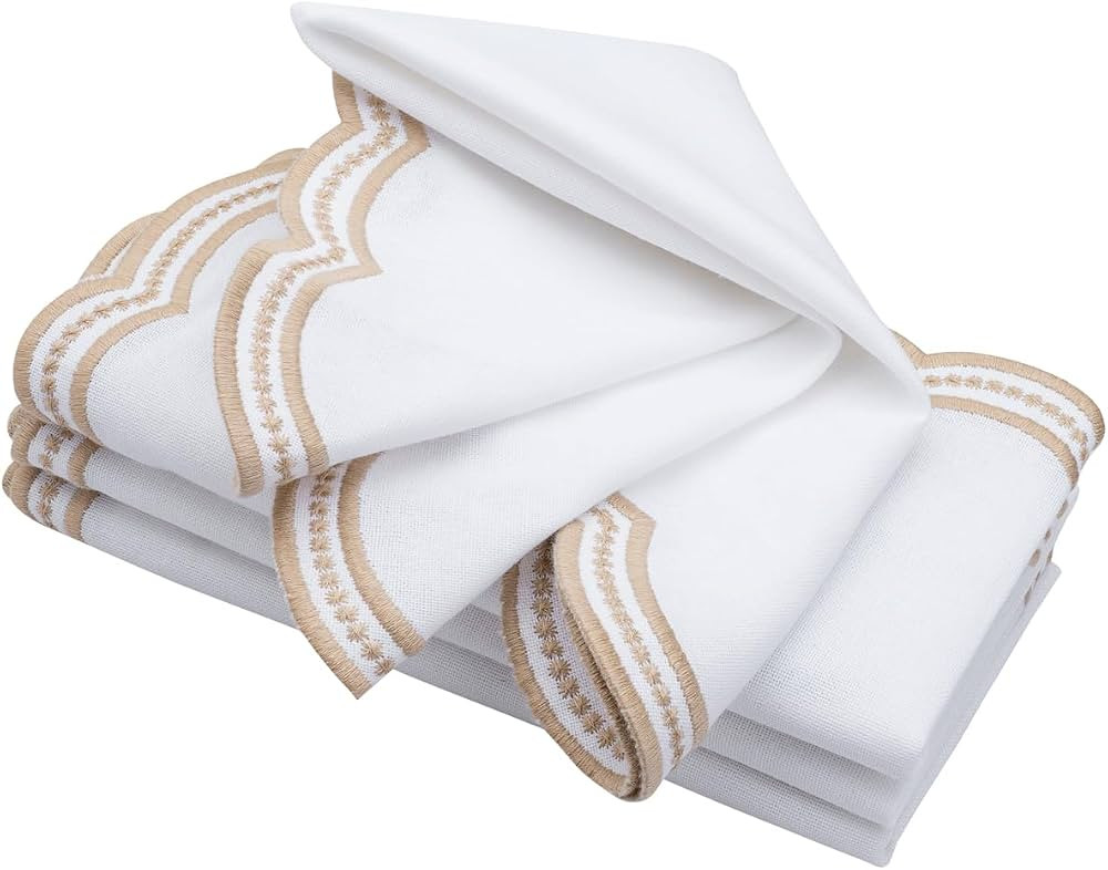White Napkins with Gold Trim, Gold Napkins, Set of 4, 100% Cotton, Beige and White Scalloped Napk... | Amazon (US)