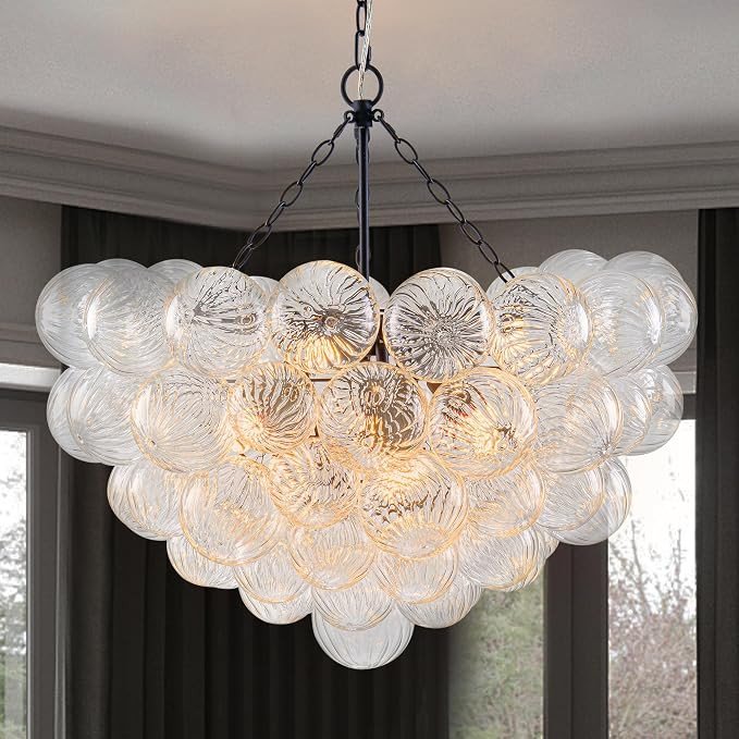 Bubble Glass Chandelier Black 32" 9-Light Pendant Light Fixture | Art Deco Cluster, Ribbed Glass,... | Amazon (US)