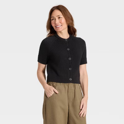 Women's Short Sleeve Cotton Cardigan - Universal Thread™ Black L | Target