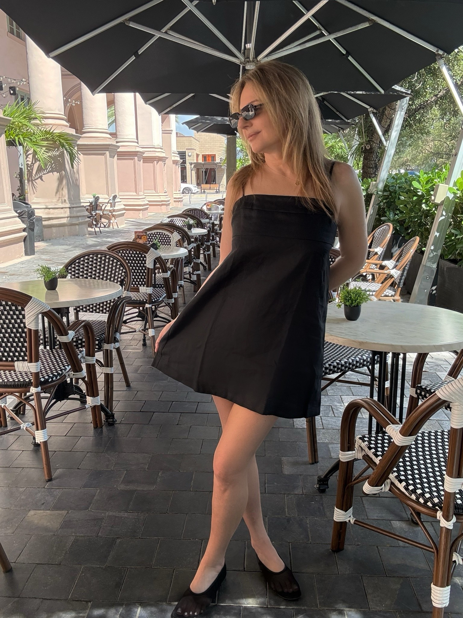 What I wore to meet a friend for Coffee ☕️ My dress is minimal style, straight lined and structured, timeless, capsule a-line minidress from Banana Republic (size: Petite Small) Miu Miu rectangular Regard sunglasses and black mesh ballet flats from @Reformation

#LTKootd #LTKSaleAlert #LTKSeasonal