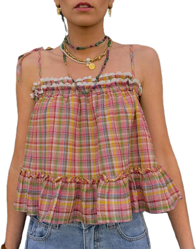 Women Y2k Gingham Tops Halter Neck Backless Babydoll Tank Top Plaid Ruffle Hem Peplum Shirt Summe... | Amazon (US)
