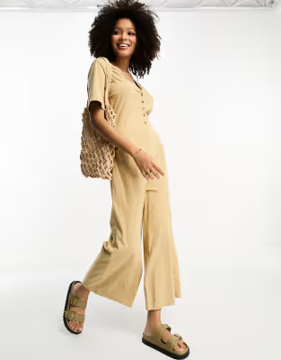 ASOS DESIGN jersey button front chuck on jumpsuit in mocha | ASOS | ASOS (Global)