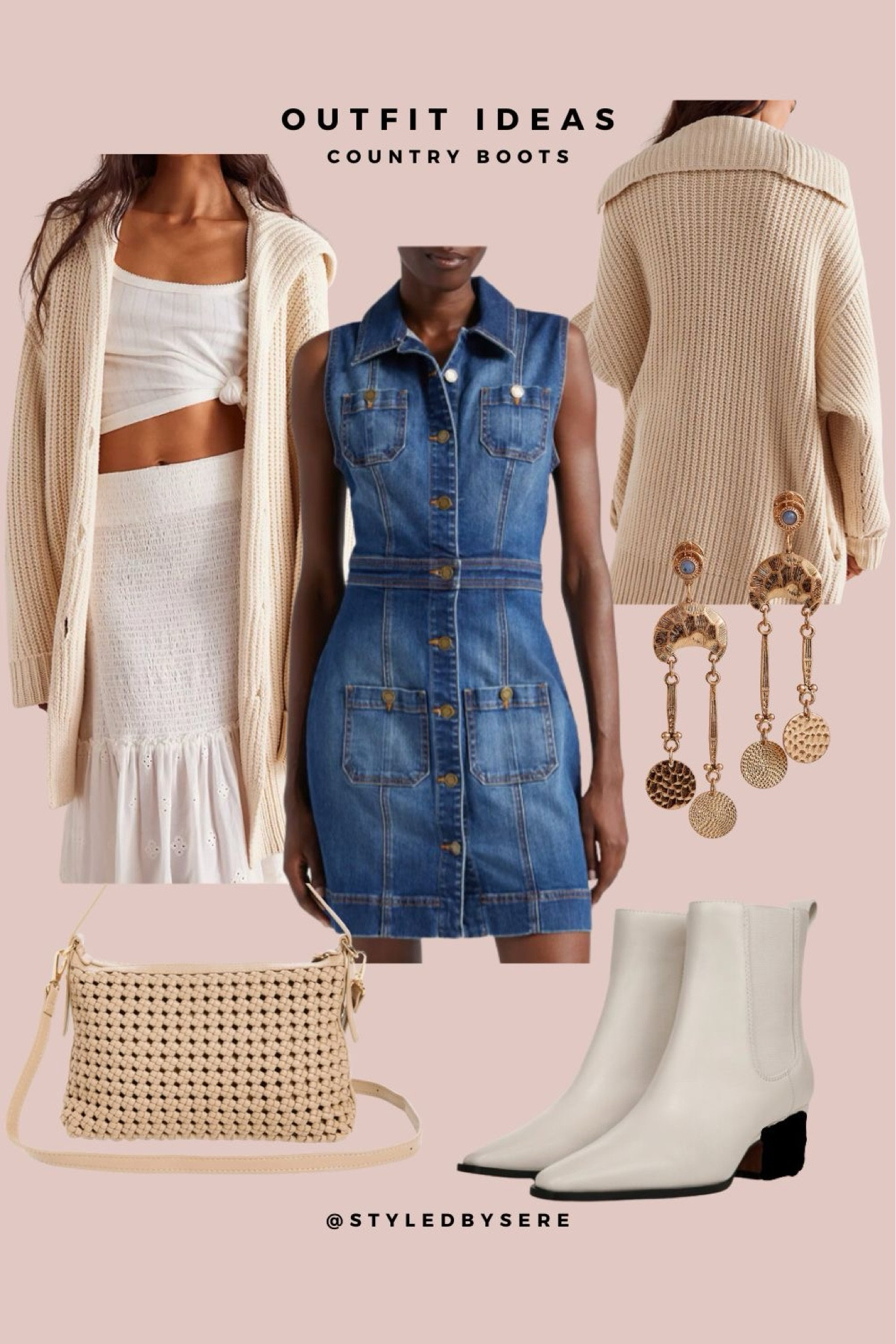 Country Boots: Denim Dress Up
.
Show some leg in a denim mini dress and high ankle booties. Short sleeve & leg are perfect for summer. When the temps drop at night or this fall, grab an oversized, snuggle sweater. Add a color complimenting crossbody with some texture, and some fun statement earrings and you're ready to go!

#LTKShoeCrush #LTKxNSale #LTKStyleTip