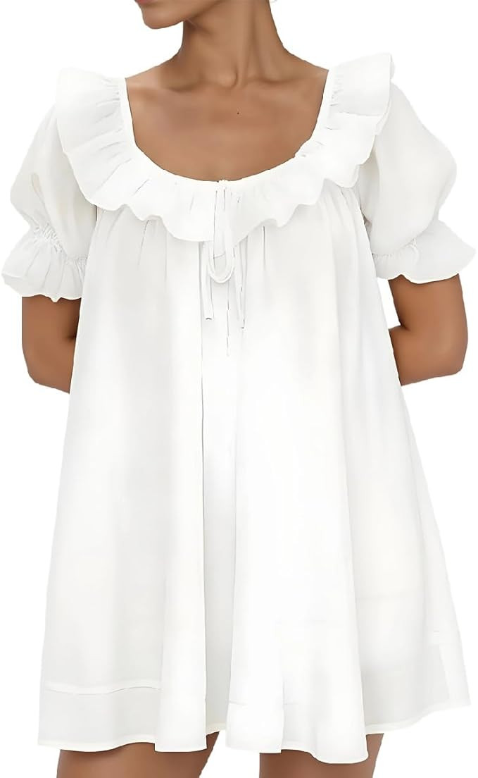 Women Puff Sleeve Babydoll Dress Square Neck Flowy Mini Dress Bow Tie Ruffle A Line Short Dress S... | Amazon (US)