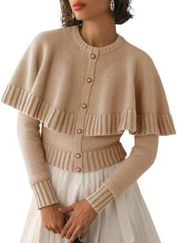 Saodimallsu Womens Cropped Cardigan Sweater Long Sleeve Fall Knit Cape Sweaters Button Up Trendy ... | Amazon (US)