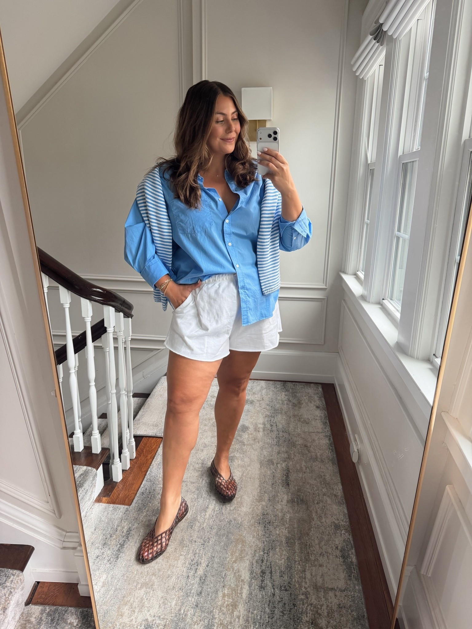 Early fall outfit - pre fall outfit - mom outfit - weekend look - wearing size XXL in shorts, XL in button down & sweater. Use CARALYN15 on your first order at Spanx.

#LTKootd #LTKmomlife #LTKPlusSize