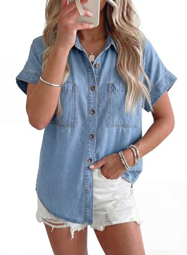 Sidefeel Women's Button Down Denim Shirt Collared Short Sleeve Jean Shirt Blouse with Pockets | Amazon (US)