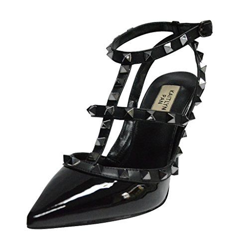Kaitlyn Pan RockStud Slingback High Heel Leather Pumps (10.5US/ 42EU/ 44CN, Black Patent/Black Strap | Amazon (US)