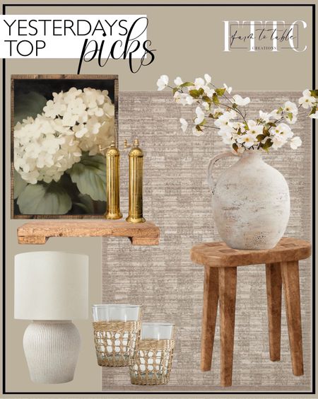 Yesterday’s Top Picks. Follow @farmtotablecreations on Instagram for more inspiration.

Loloi Performance Sand Rug. Woodland Carved Wood Accent Table Brown - Threshold. White Hydrangea Canvas Printed Sign. Better Homes & Gardens 21" Raw Sand Table Lamp with Shade by Dave & Jenny Marrs. Trivet Riser Elm
Wood. Pottery Barn Cane Recycled Drinking Glasses. Artisan Handcrafted Terracotta Vase. Brass Salt & Pepper Mills.

#LTKfindsunder50 #LTKsalealert #LTKhome