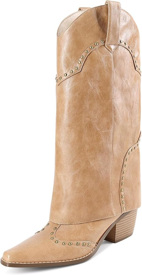 Cowboy Boots for Women, Fold Over Knee High Shark Boots Mid Calf Chunky Heel Pointed Toe Dress Ta... | Amazon (US)