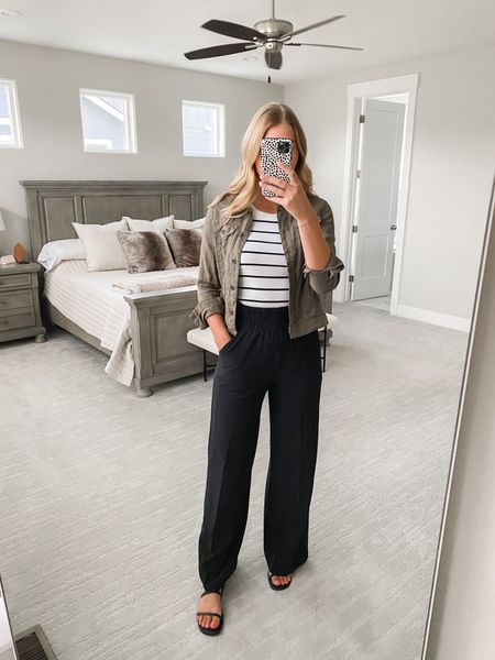Todays work outfit! Would also make a comfy travel outfit. Wearing a small tall in the pants. // target fashion, striped tank top, linen jacket, workwear 

#LTKworkwear #LTKstyletip #LTKunder50