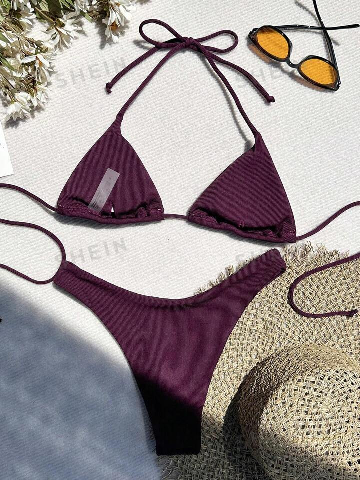 SHEIN Swim Summer Beach Halter Triangle High Cut Bikini Set | SHEIN