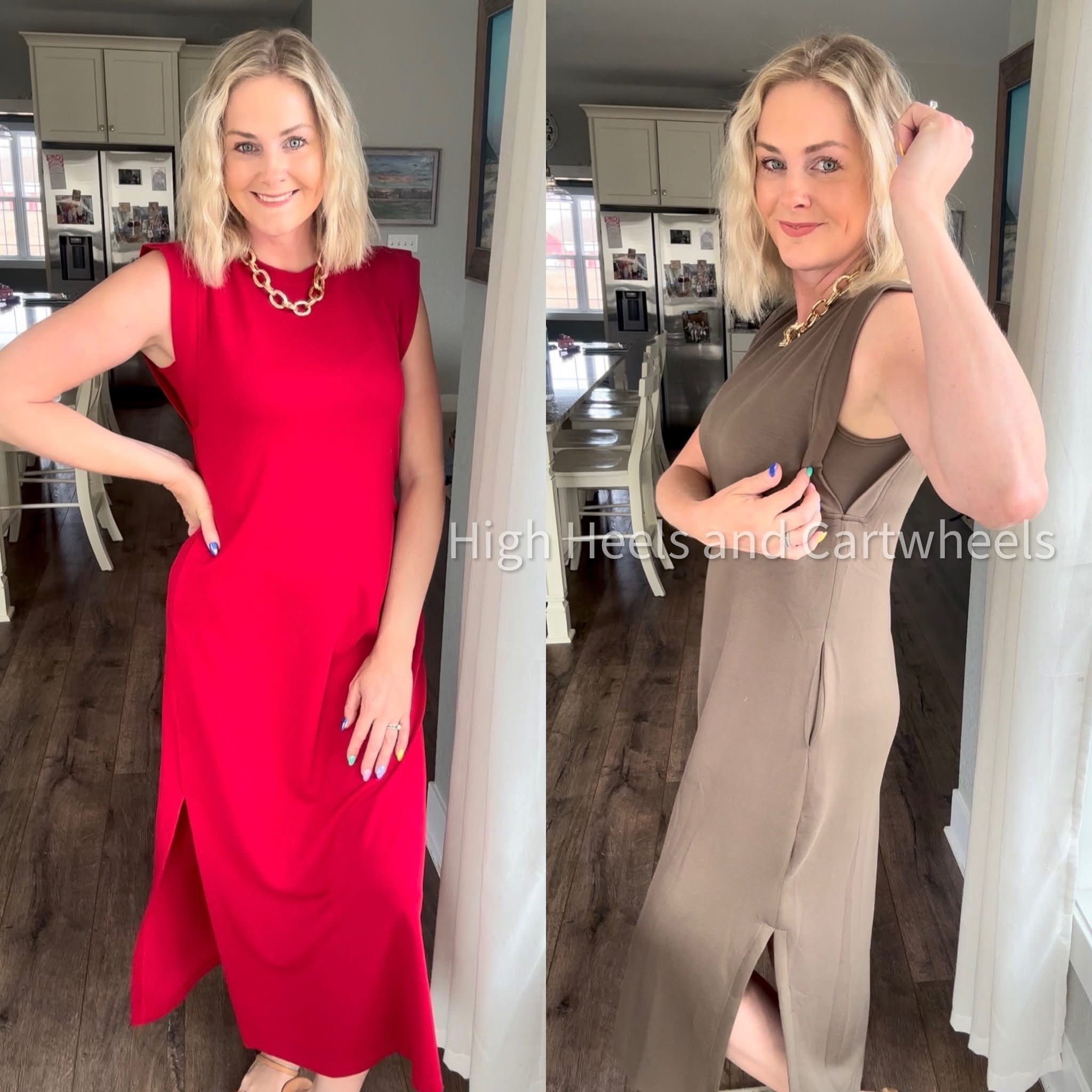 Snagged these dresses from Walmart online. They are fabulous! What I love the most is that they have extra fabric by the arm holes so your bra won't show. I'm wearing size medium and they fit great. Length is good also. I'm 5'9 for reference.