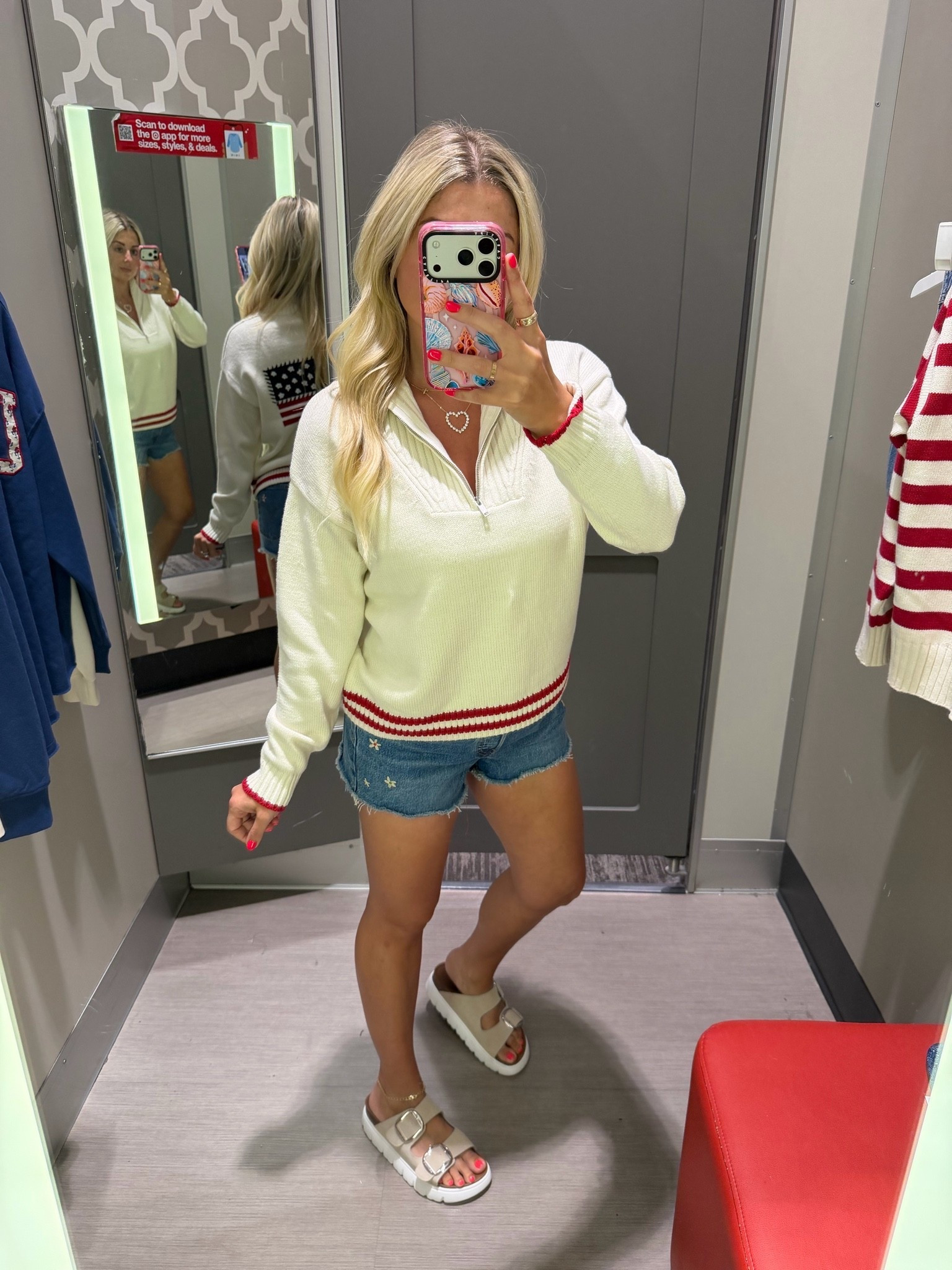 New red white and blue outfit
M flag sweater 
Denim shorts 27
Sandals tts
4th of July