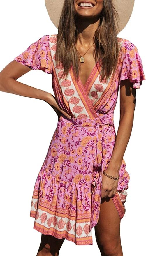 ZESICA Women’s Summer Wrap V Neck Bohemian Floral Print Ruffle Swing A Line Beach Mini Dress | Amazon (US)