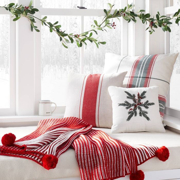 14" x 14" Foliage Snowflake Seasonal Throw Pillow Green/Red - Hearth & Hand™ with Magnolia | Target