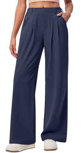 IUGA Wide Leg Stretchy Work Pants Pull on Business Casual Pants for Women High Waisted Slacks, 26''/28'' Dress Pants Dark Blue | Amazon (US)