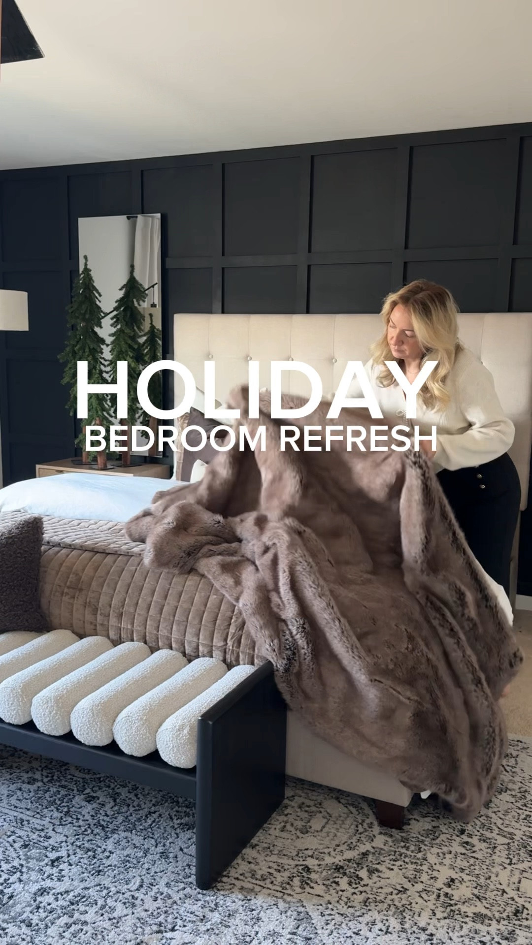 Holiday bedroom refresh, cozy bedroom refresh: bed, bench, rug, furniture blanket, pillows, mirror, Christmas tree, bedding, curtains, lamp

#LTKHoliday #LTKHome #LTKWatchNow