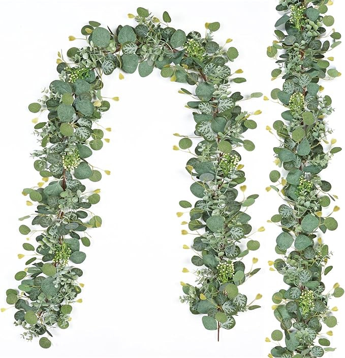 5.9FT Eucalyptus Garland,Artificial Eucalyptus Garland Greenery with Flowers Faux Silver Dollar L... | Amazon (US)