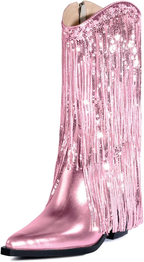 MUCCCUTE Women's Fringe Western Cowboy Boots Metallic Cowgirl Mid-Calf Boots Pointed-Toe Chunky B... | Amazon (US)
