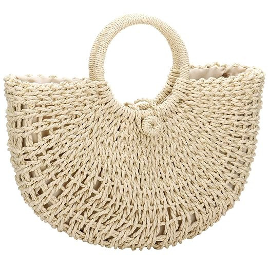 Hand-woven Straw Large Hobo Bag for Women Round Handle Ring Toto Retro Summer Beach Straw Bag | Amazon (US)