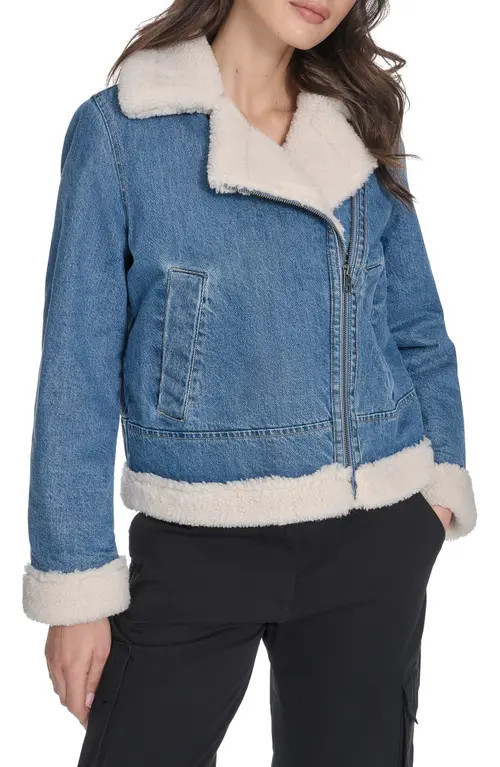 levi's Faux Shearling Lined Denim Moto Jacket in Medium Wash Denim at Nordstrom, Size Small | Nordstrom