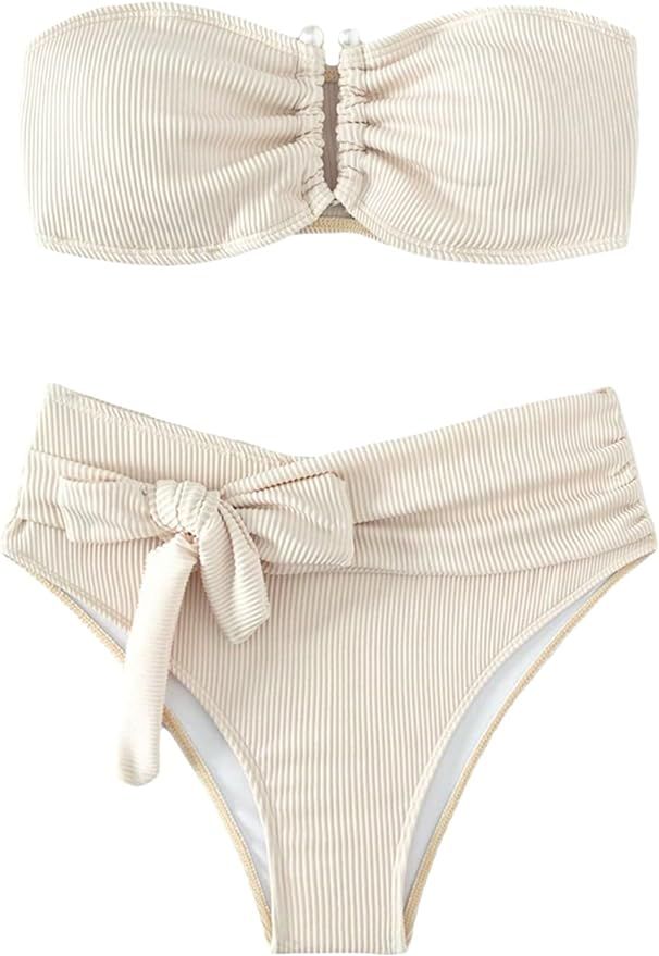 WDIRARA Women's 2 Piece Bikini Set Rib Knit Strapless Knot Front High Waist Swimsuit Set | Amazon (US)