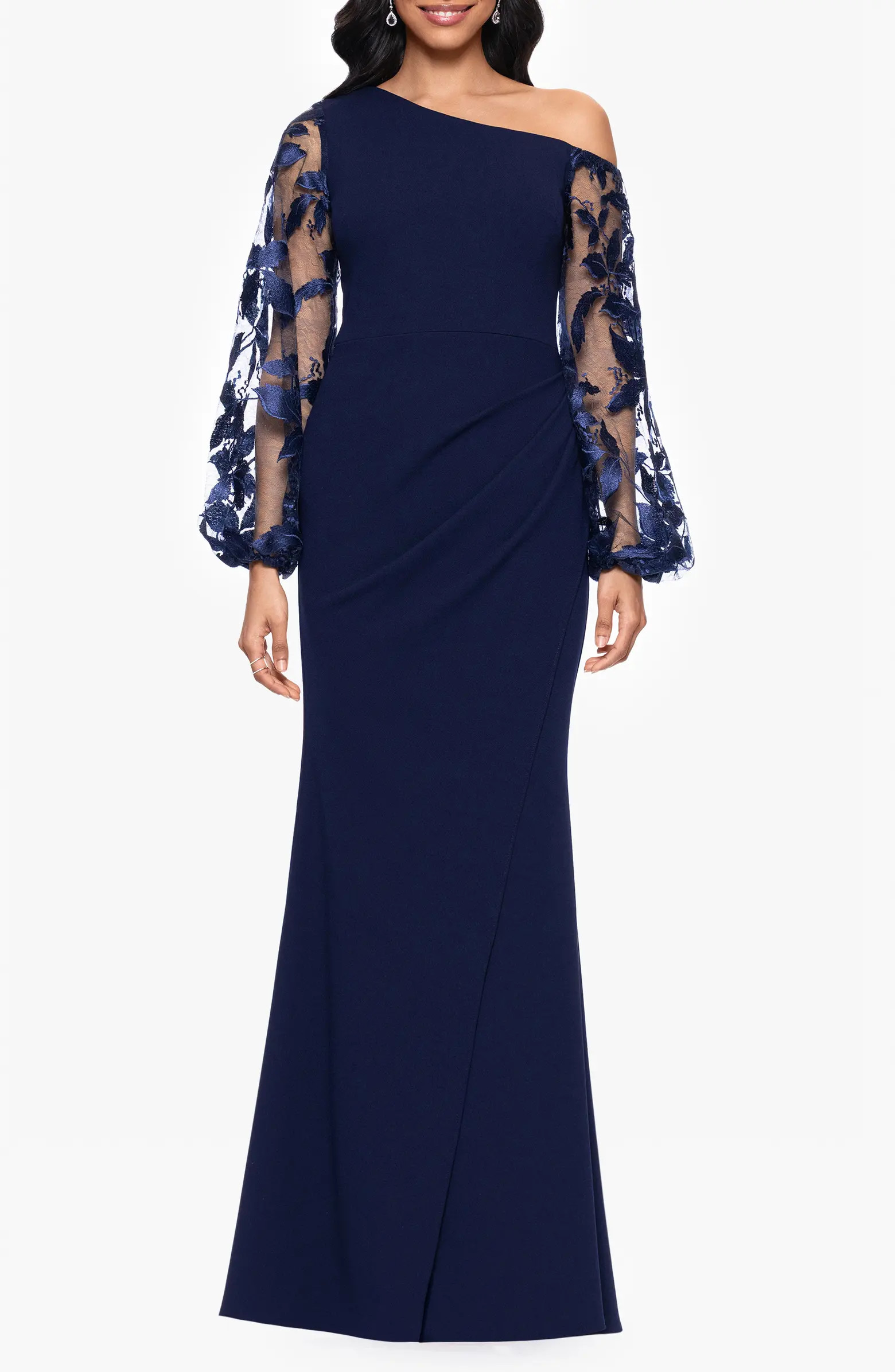 Betsy & Adam One Shoulder Sheer Embroidered Long Sleeve Sheath Gown | Nordstrom | Nordstrom