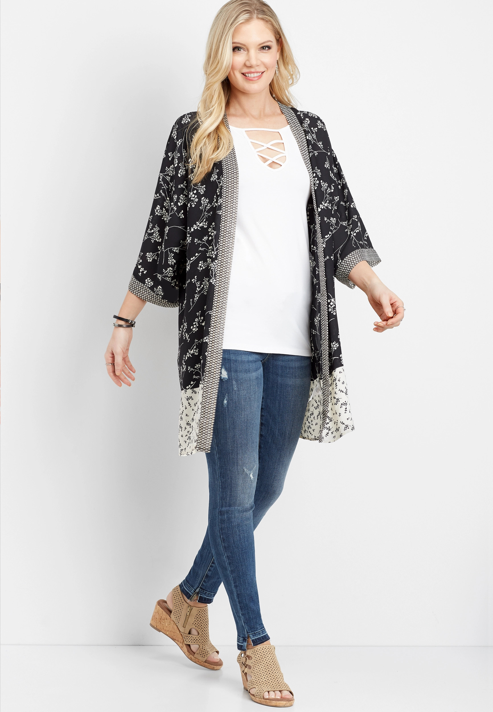 Black And White Mix Print Kimono | Maurices