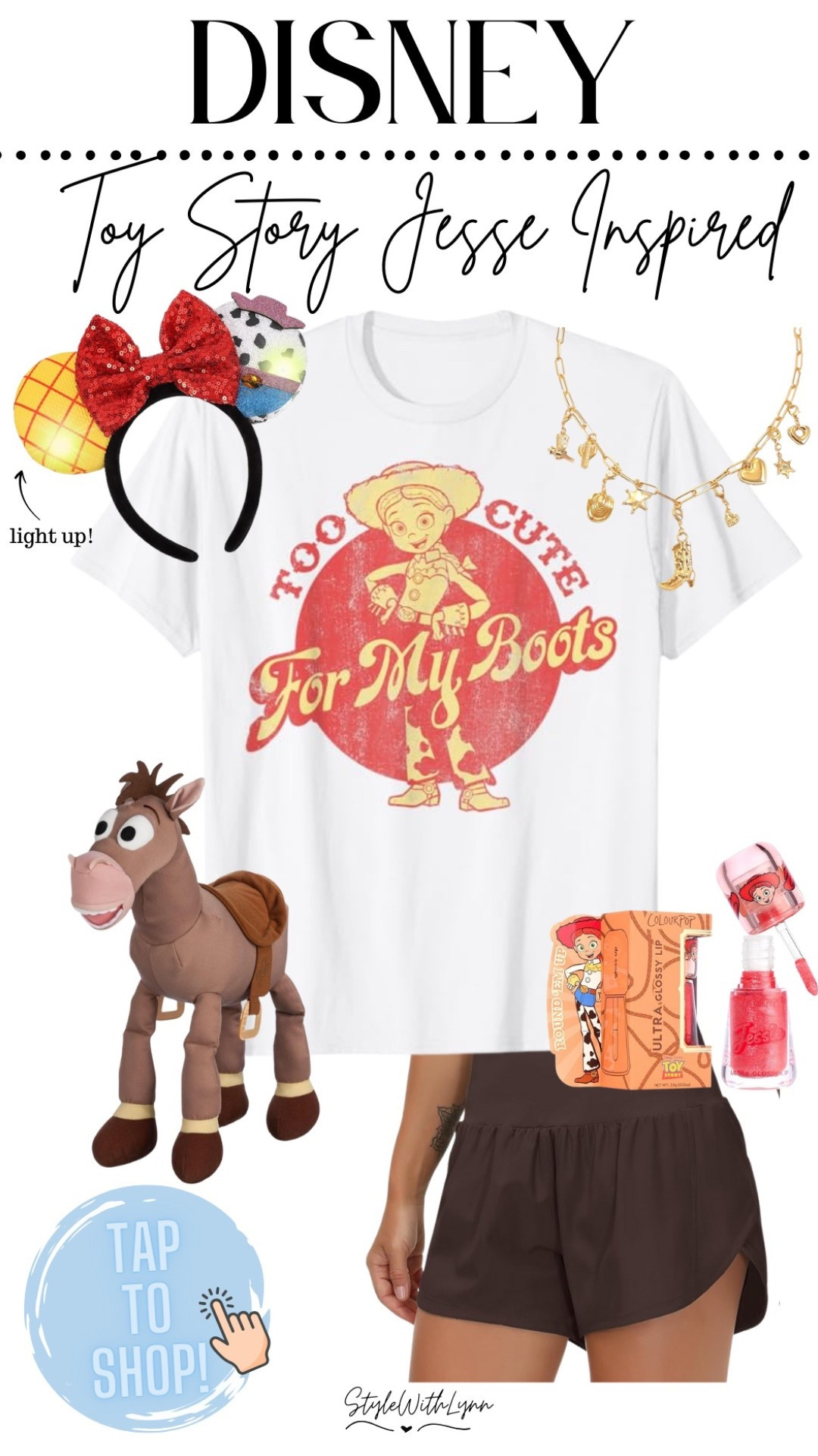 Saddle up in true Jessie style with this Toy Story-inspired outfit! 🤠✨ Rock a playful "Too Cute for My Boots" t-shirt, dazzling light-up Minnie ears, and a chic gold cowboy charm necklace for the ultimate cowgirl flair. Whether you're heading to Disney World, a themed party, or just embracing that rootin’-tootin’ style, this outfit is a must-have for any Toy Story fan! Yeehaw! 🧡  

#ToyStoryStyle #JessieInspiredOutfit #Disneybound #CowgirlChic #PixarFashion #DisneyParkLook #WesternDisneyVibes #MinnieEarsMagic  



#LTKStyleTip #LTKTravel