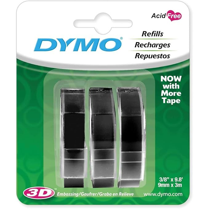 DYMO 3D Plastic Embossing Labels for Embossing Label Makers, White Print on Black, 3/8'' x 9.8', ... | Amazon (US)