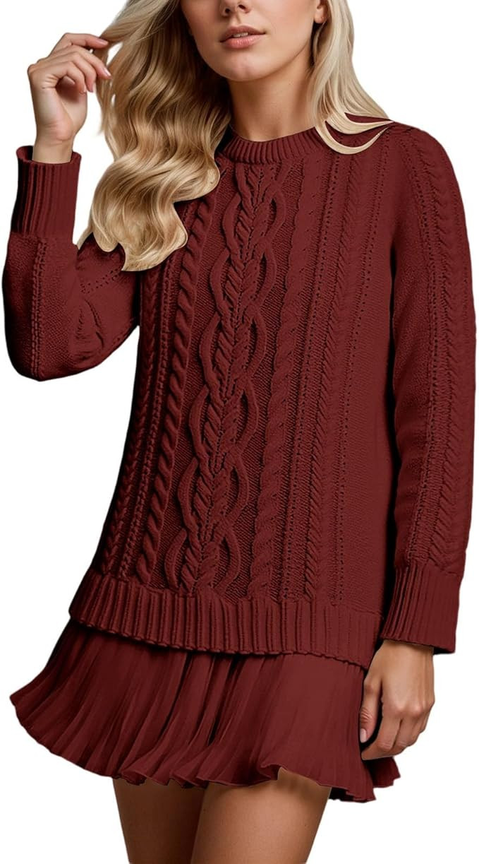 Womens Sweater Dress with Pleated Mini Skirt Chunky Cable-Knit Long Sleeve Crewneck Twofer | Amazon (US)