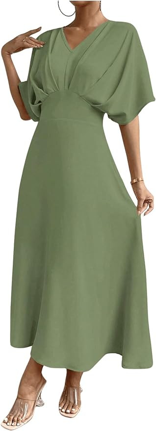 Floerns Women's V Neck Half Sleeve Ruched Cocktail Evening A Line Long Dress | Amazon (US)