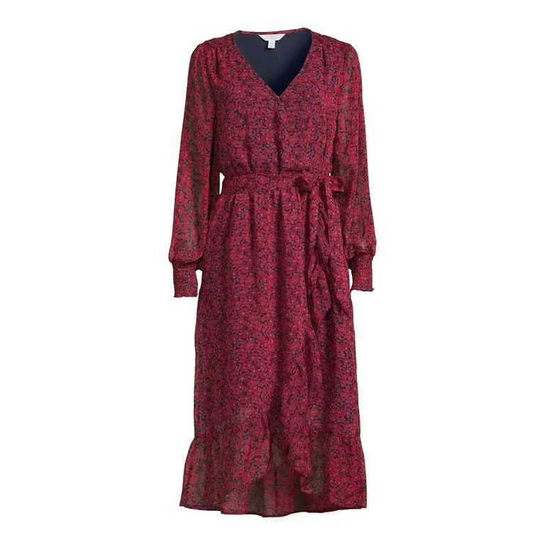 Time and Tru Women's Long Sleeve Woven Faux Wrap Midi Dress | Walmart (US)