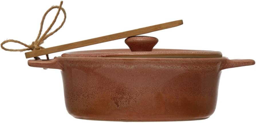 Creative Co-Op Stoneware Brie Baker with Bamboo Spreader | Amazon (US)