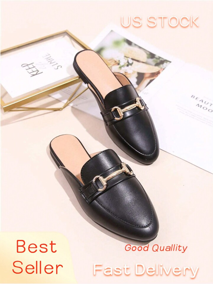 Women Brown Metal Buckle Decor Flat Mules Elegant Solid Color, Women Black Flat Metal Kitten Heel Mules | SHEIN