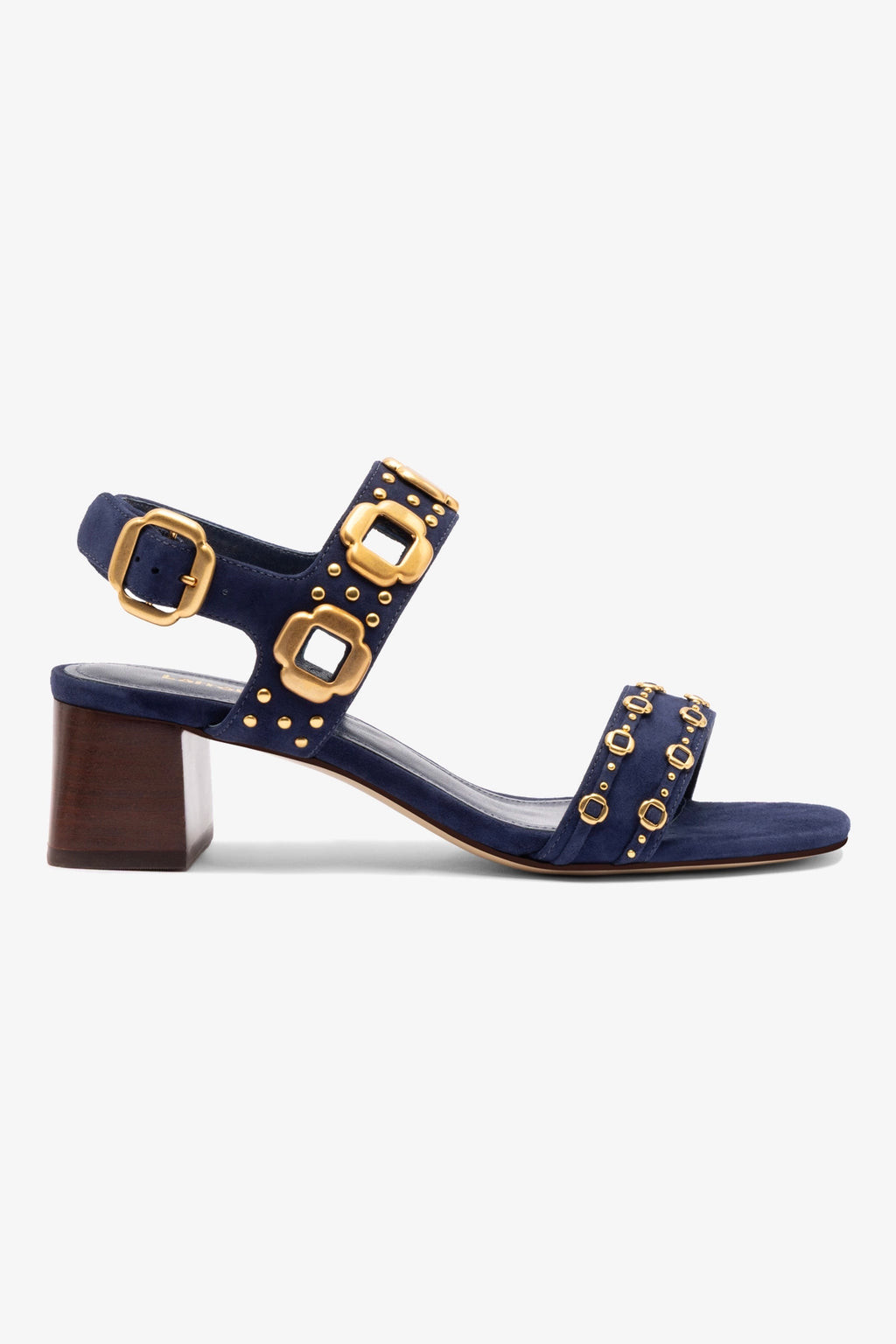 Milan Studs Block Sandal In Navy Suede | Larroude