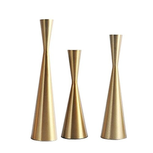 Set of 3 Brass Gold Metal Taper Candle Holders Candlestick Holders, Vintage & Modern Decorative Centerpiece Candlestick Holders for Table Mantel Wedding Housewarming (Brass Golden, S+M+L/SET) | Amazon (US)