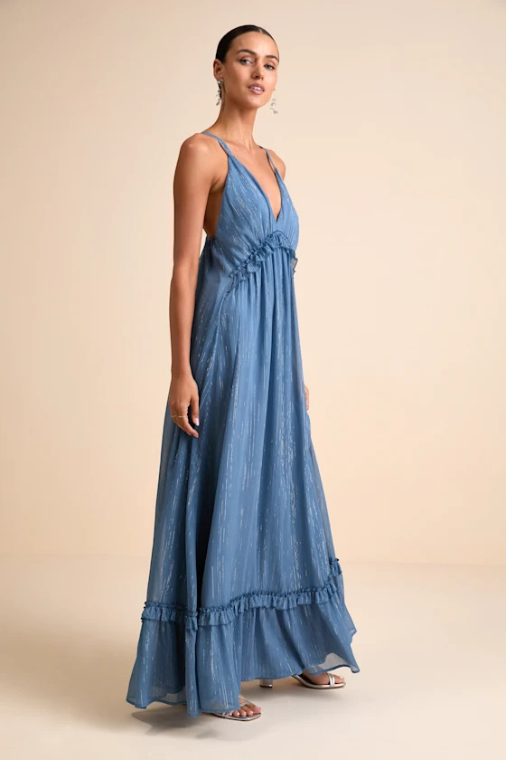 Massiel Blue Lurex Ruffled Maxi Dress | Lulus