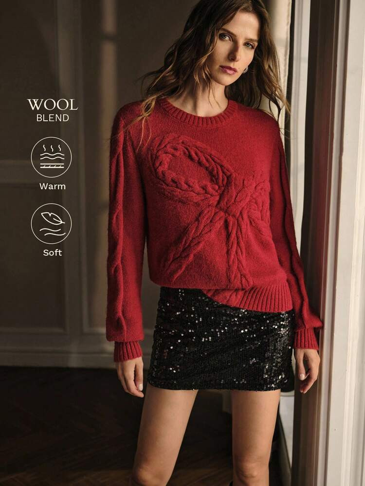 MOTF PREMIUM SOLID CABLE KNIT BOW PATTERN SWEATER | SHEIN