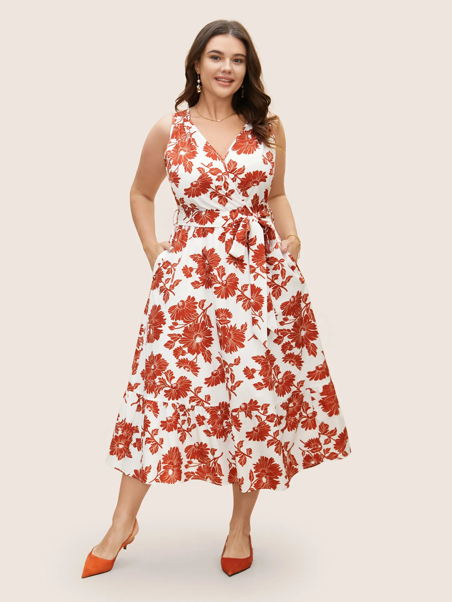 Overlap Collar Floral Sleeveless Belted Dress | Bloomchic
