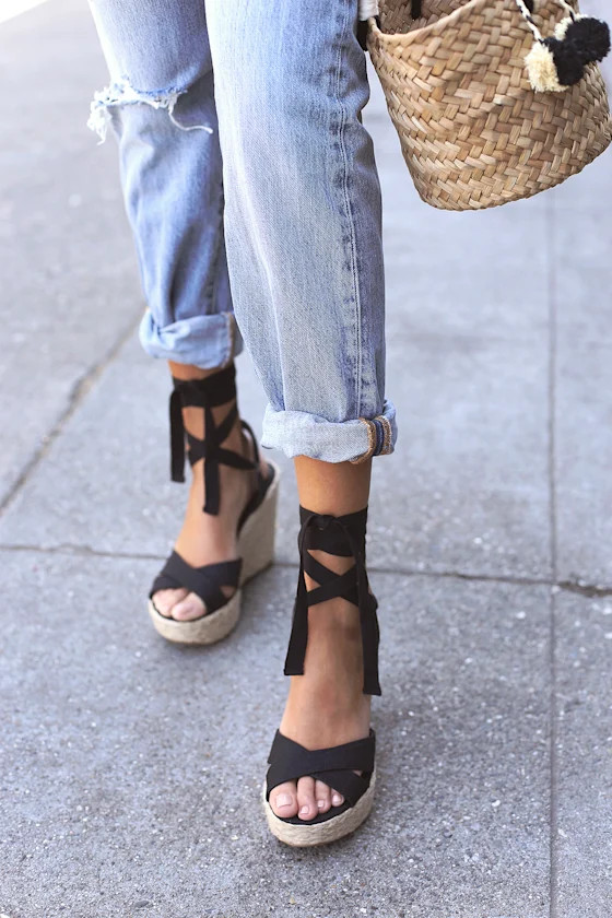 Esme Black Lace-Up Espadrille Wedges | Lulus (US)