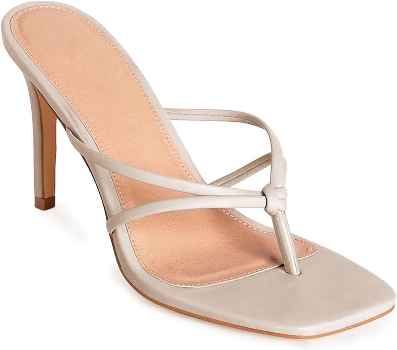 Coutgo Womens Heeled Sandals Strappy Square Toe Flip Flops Fashion Thong Slip on Stiletto Sandals | Amazon (US)