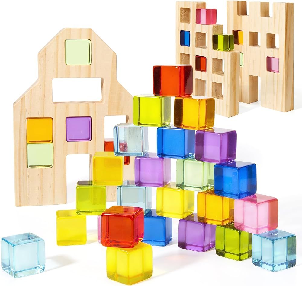 Woodtoe Wooden Building Blocks Set for Kids, 36 PCS Rainbow Acrylic Gem Cubes Blocks - 3 Wood Hou... | Amazon (US)