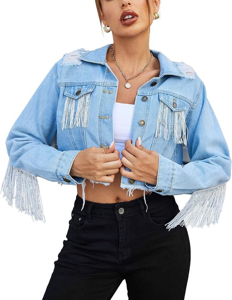 Zeagoo Women's Fringe Jacket Tassel Cropped Denim Jacket Raw Hem Ripped Crop Jean Jackets | Amazon (US)
