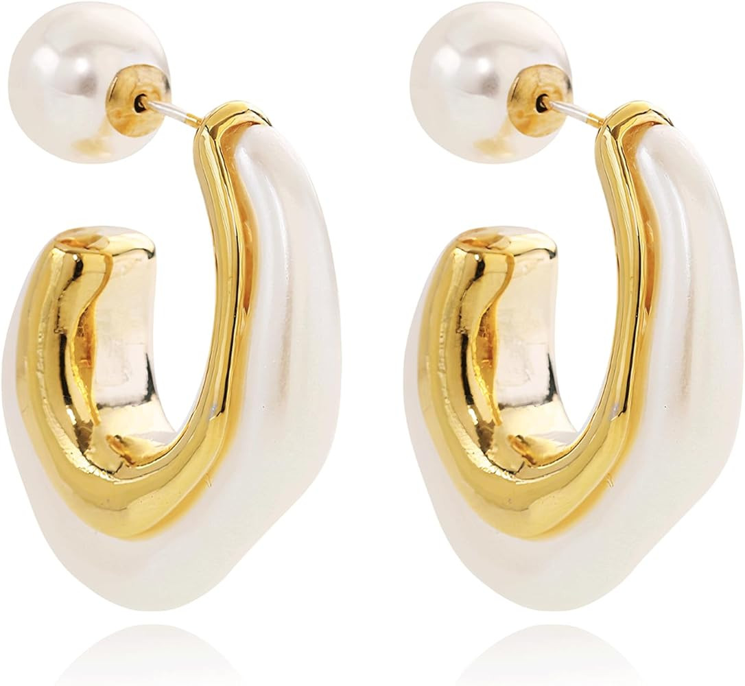 NIVANA 14k Gold Plated 925 Sterling Silver Pearl Hoop Earrings For Women, Chunky Hoop Earrings, Pear | Amazon (US)